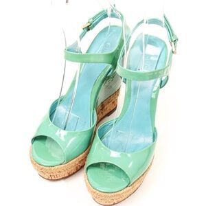 Gucci Mint Green Patent Leather Wedge Sandals with Cork Platform